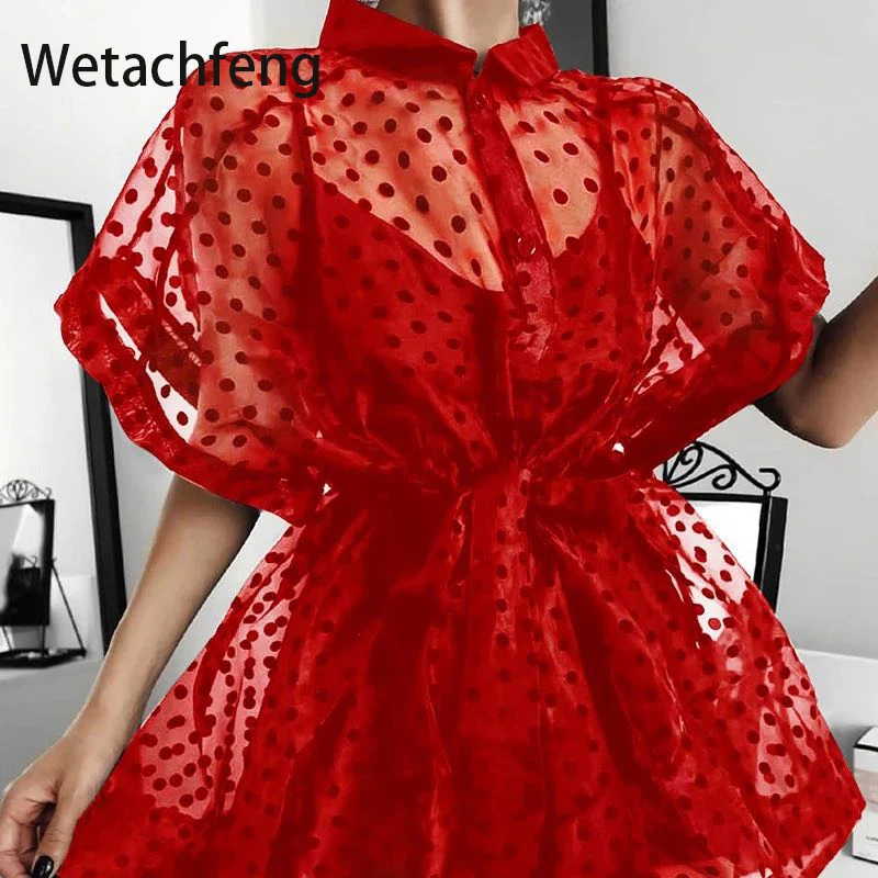 Модная рубашка 2020 красное черное платье в горошек с поясом Сетчатое Прозрачное