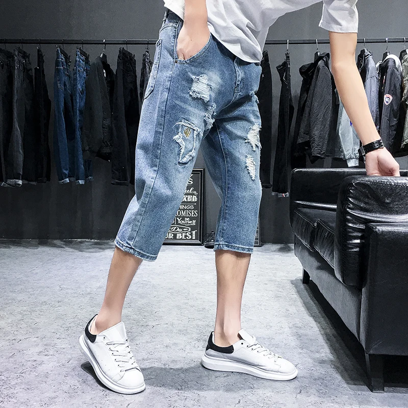 2019 personality trend fashion hole cropped trousers new Japanese men's jeans calca masculina hip hop Best Free shipping XL |