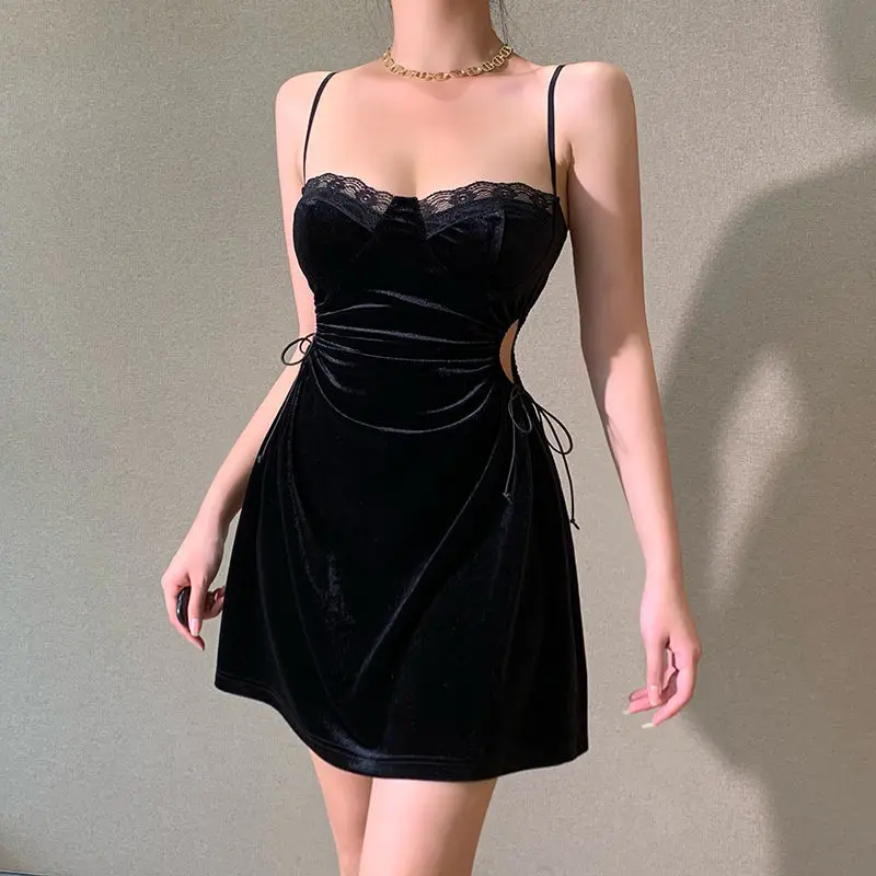 

Black Dress Lace Hollow Out High Waist Slim Mini Dress Patchwork Spaghetti Straps Solid Color Sexy Backless Dress Female
