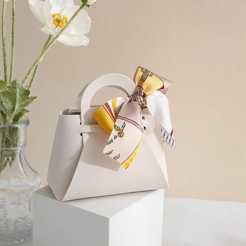 10 PCS Small Leather Gift Box New Creative Handbag Shape Ribbon Bow Temperament Solid Color Candy With Hand Bag | Дом и сад
