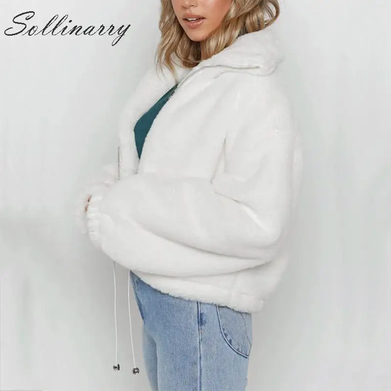 Sollinarry/модные зимние плюшевые пальто, куртки для женщин, искусственный мех, милые осенние свободные пальто на молнии, женские теплые шикарные топы, верхняя одежда