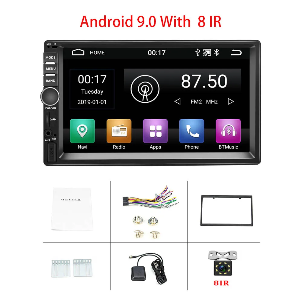 Hikity 7 дюймов Android автомобильный Радио gps навигация 2 Din универсальный RDS автомобильный мультимедийный плеер Зеркало Ссылка Авторадио Поддержка камеры - Цвет: Android 9 With 8IR