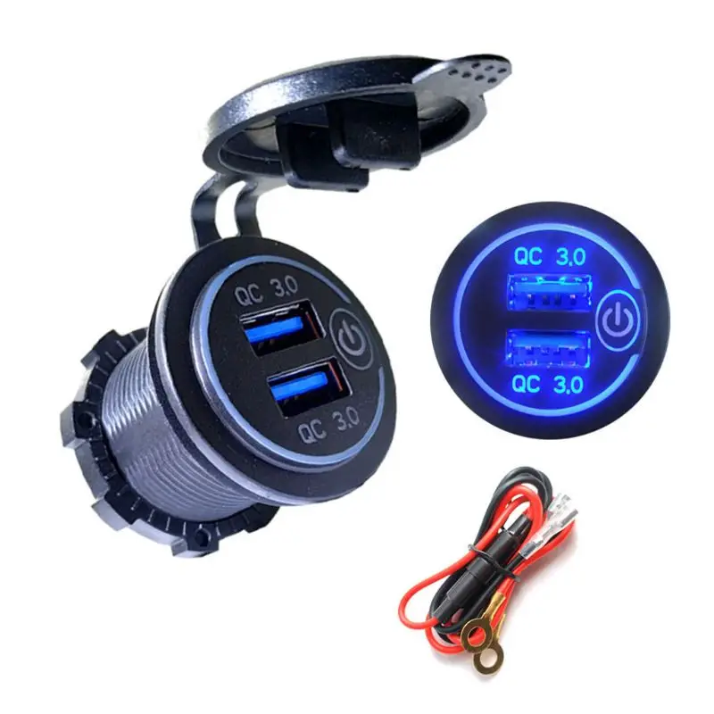 

Двойное зарядное устройство QC3.0 USB, светодиодный сенсорный выключатель, для автомобиля, мотоцикла, сотового телефона