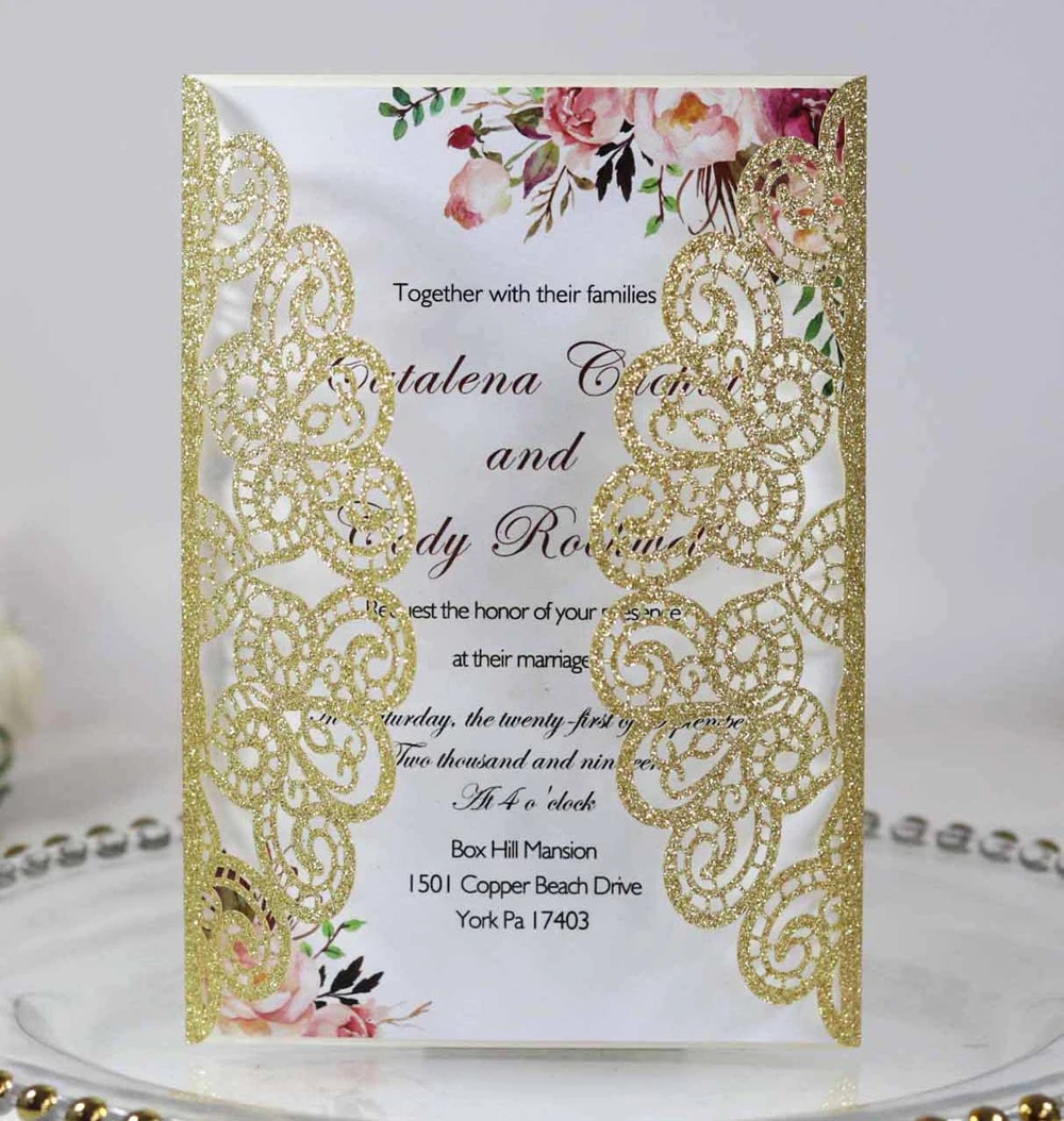 Серебряные блестящие свадебные приглашения с лентой и конвертом для печати