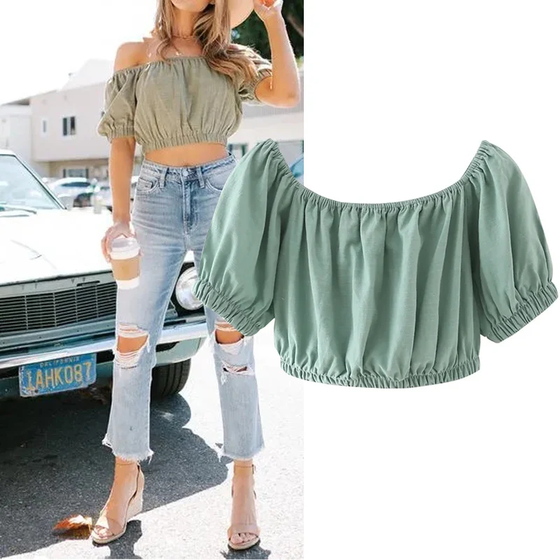

WESAY JESI 2021 Summer Women's Top Solid Color Strapless Sleeve Puff Sleeve Slim Fit Shirt Casual Fashion Retro Temperament Top