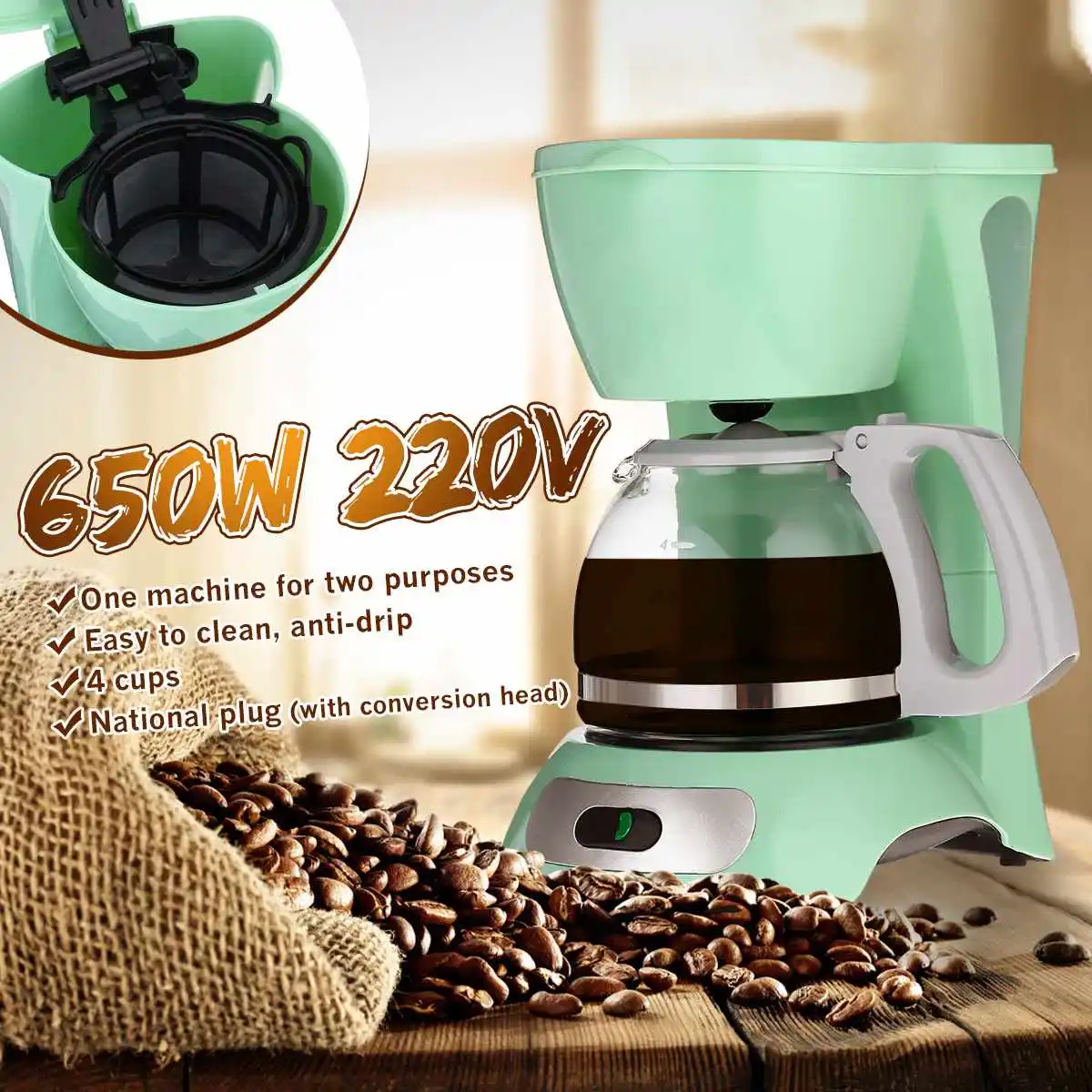 

600ml 4-6 Cup Coffee Machine 220V Espresso Drip Coffee Maker With Glass Kettle Coffee Powder Filter Anti-Drip Insulation Teapot