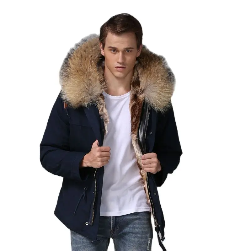 Мужская короткая Парка темно-синего цвета с подкладкой из искусственного меха -