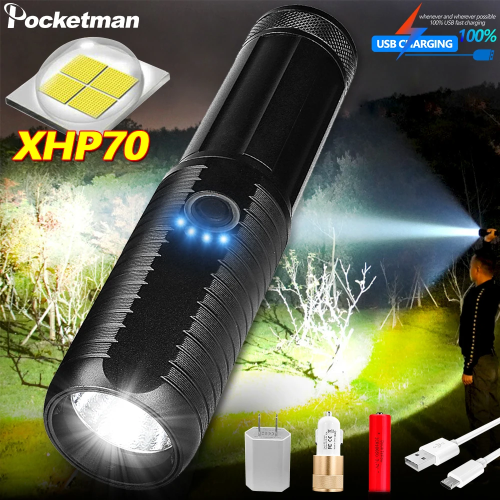 Самый яркий светодиодный фонарик XHP70 с 4 ядрами заряжаемый от usb тактический 18650