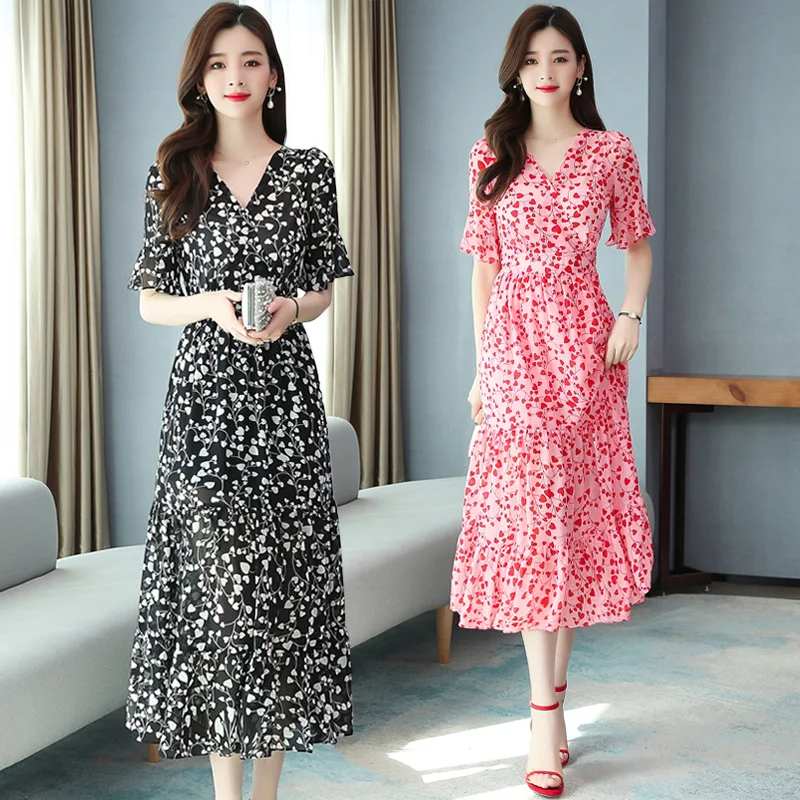 Черное цветочное шифоновое платье для женщин Новинка лета 2021 тонкое