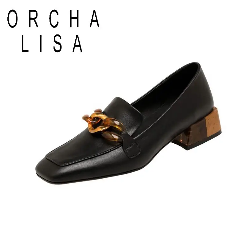 

ORCHALISA New 2021 Genuine Leather Pumps Square Toe Block med Heels Slip-On Stylish All-Match Soft Casual Office Summer shoes