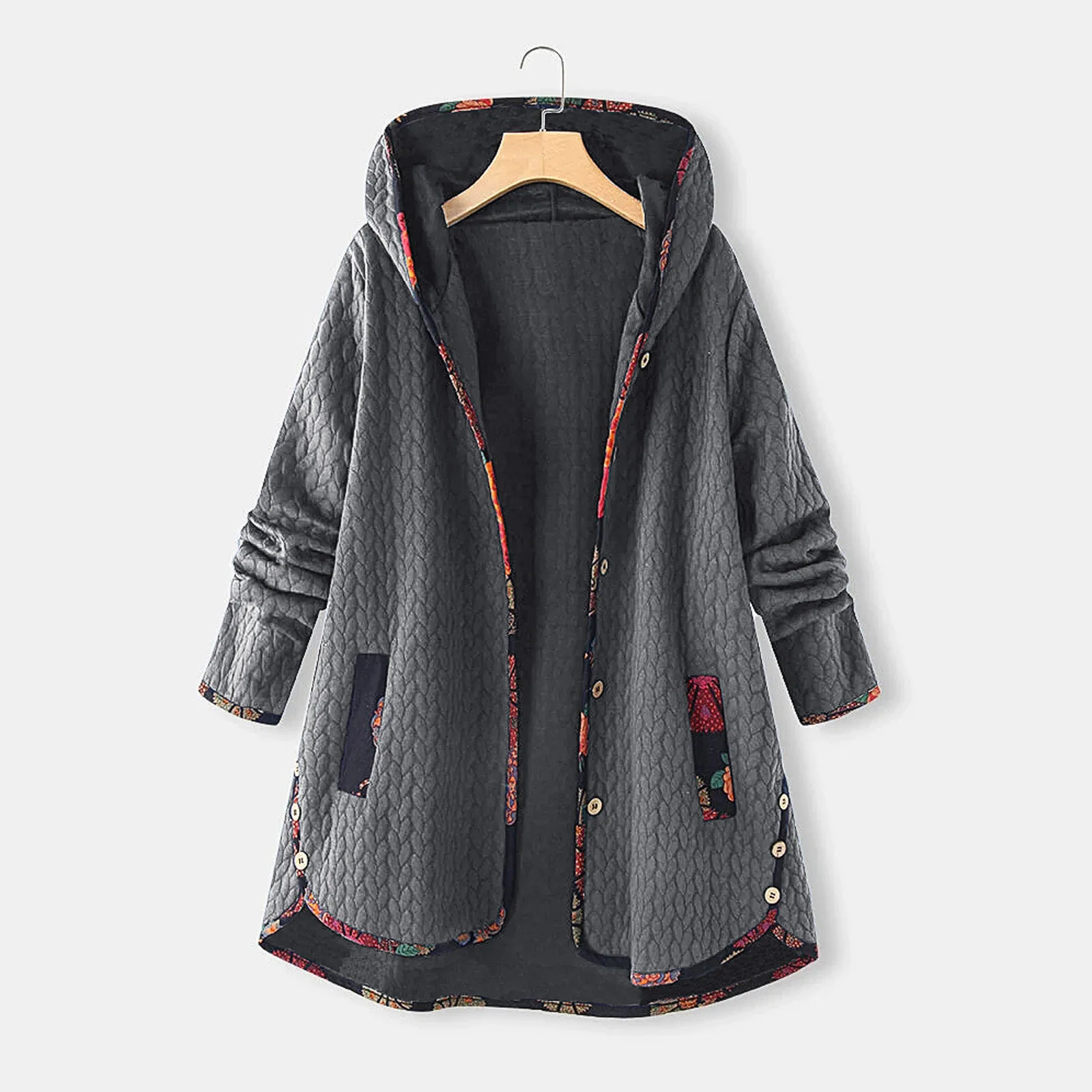 

Women Fashion Retro Printing Splicing Button Hood Cardigan Long Sleeves Coat Fashion Winter Thick Warm Jacket