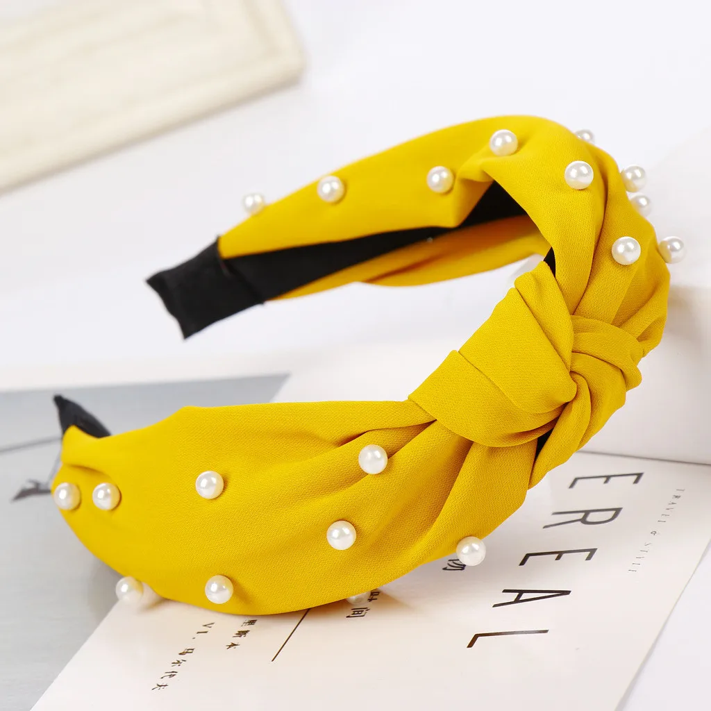 

High Quality Hair Accessories For Women Mesh Yarn Pearl Beaded Headband Flower Headband Ties Double Knot Wide Headband