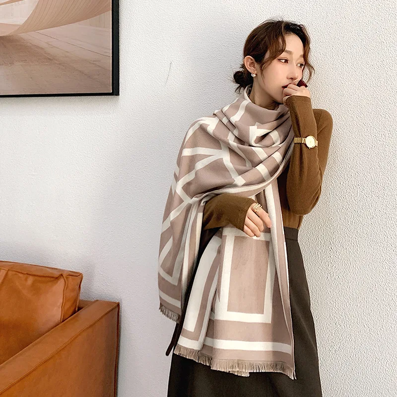 

2020 winter popular stripe print warmth Shawls Fashion Thickened Cashmere two-sided scarf new style Lady Autumn wool Beach towe