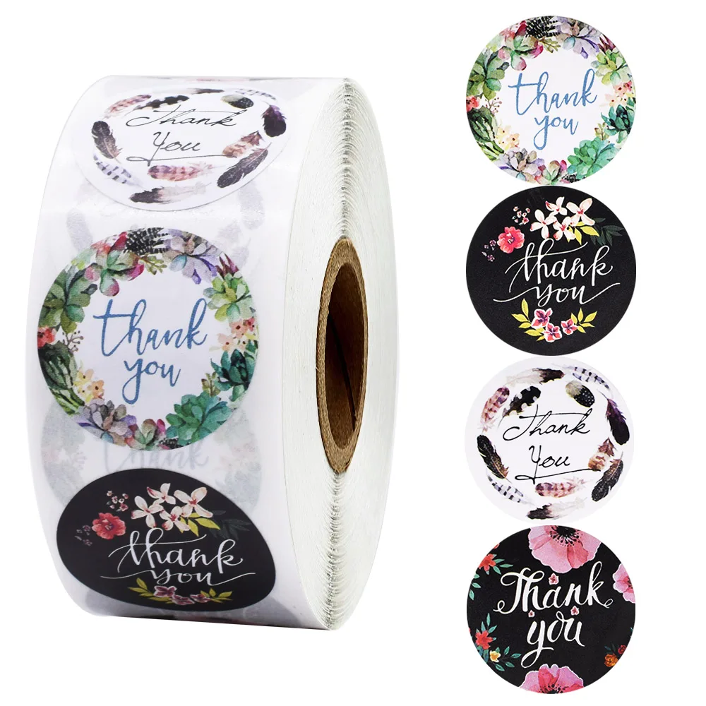 

500pcs/roll Flowers Thank You Stickers 4 Designs For Scrapbooking Gift Decoration Stationery Sticker Gift Packs Stickers