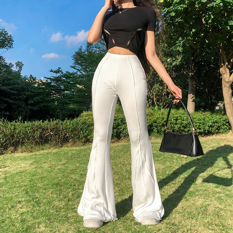 

Solid Elegant Slim Flare Pants Women Low Waist White Trousers Female Fashion Casual Clothes Ladies Unique Stripe Streetwear New