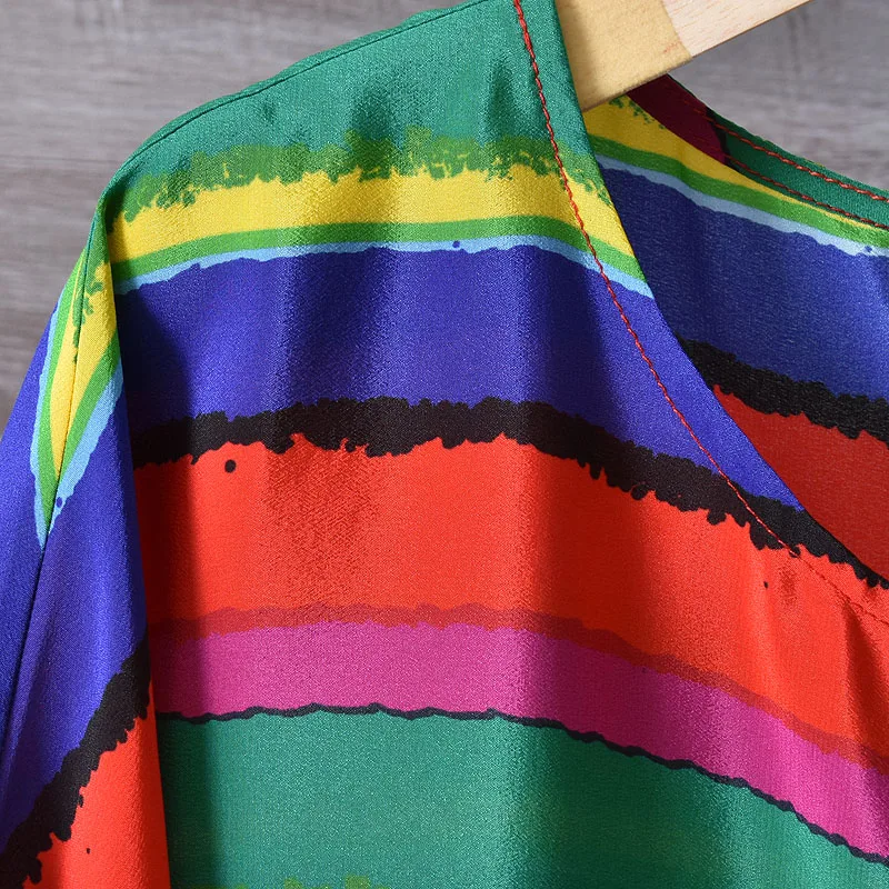 

100%Silk Tops & Tees 2020 Summer Style Women Sweet Rainbow Color Block Print Short Sleeve Casual Basic Tops Ladies T-Shirts