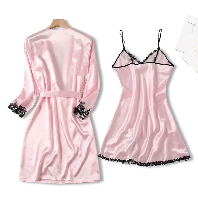 Summer New Sexy Silk Sling Gowns Robe Suit Comfortable Thin Bathrobe Morning Gown Lace Nightwear Home Wear Sexy Sleepwear