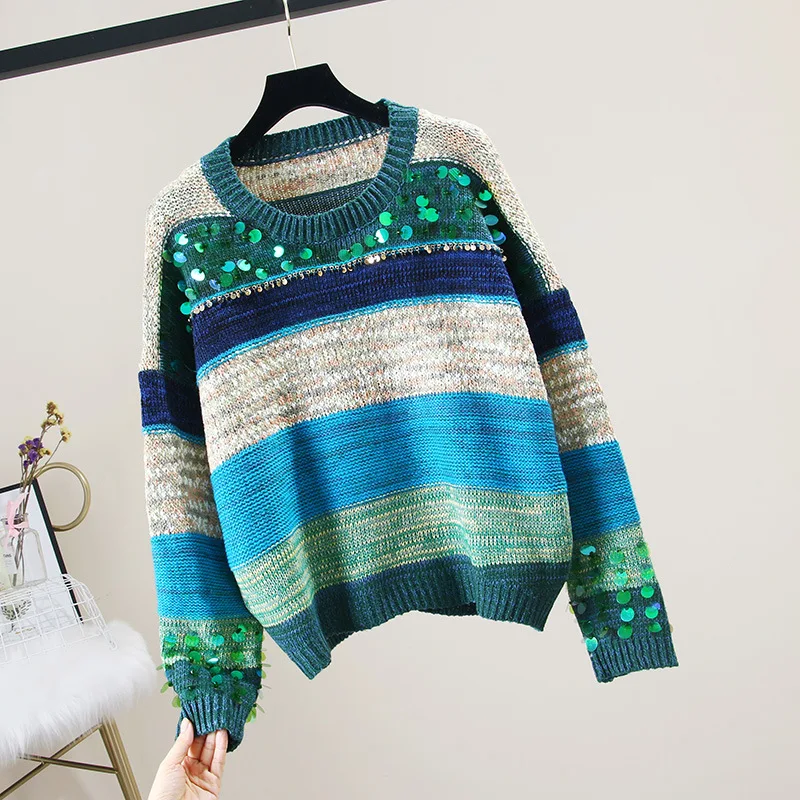 Женский вязаный свитер 2020 Корейская версия тяжелой промышленности полосатый