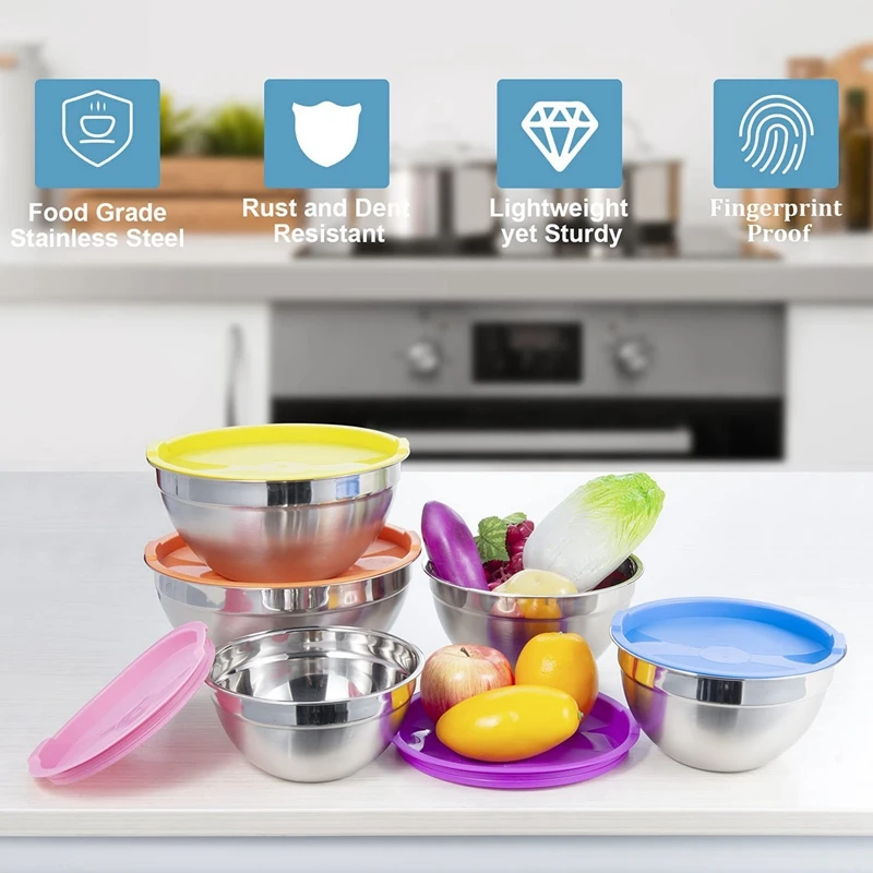 Набор из 5 смешивающих салатников с крышками Салатница нержавеющей стали