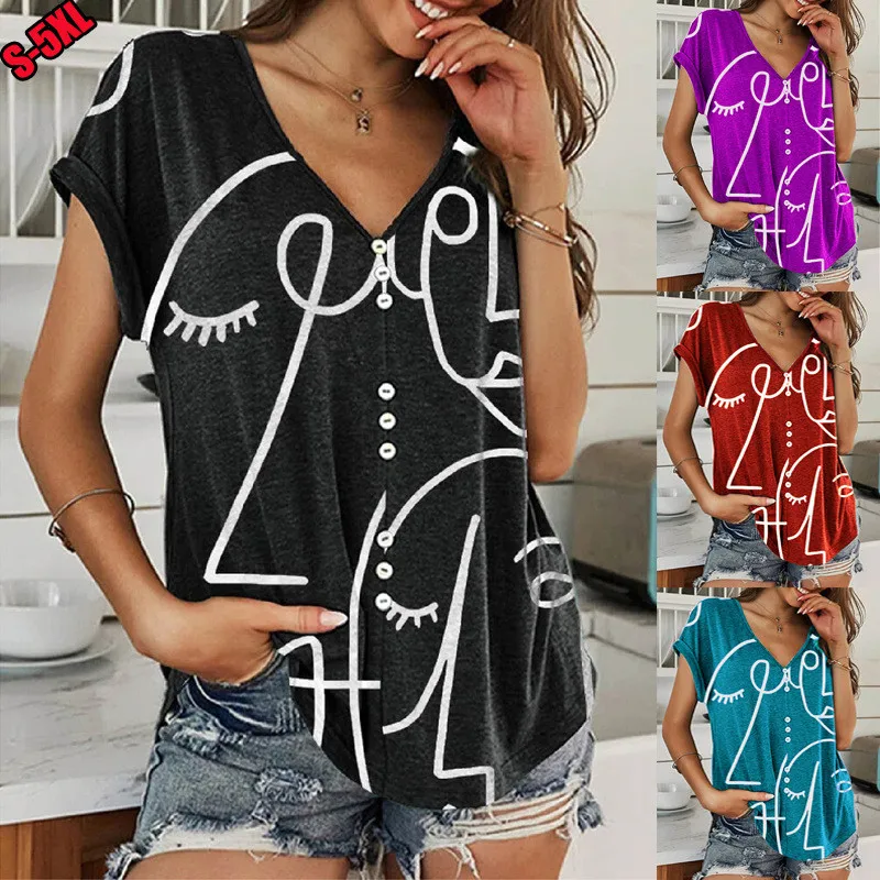 

Large Size Women Tshirt Fashion Short Sleeve 3D Sketch Black Printing Ladies Tops Tee Shirts Summer V-neck Button Female Tshirt
