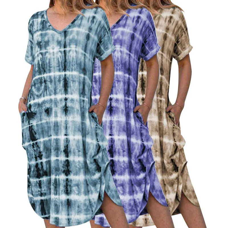 

Women's Fashion Short Sleeve V-Neck Wide Loose Fork Print Dress