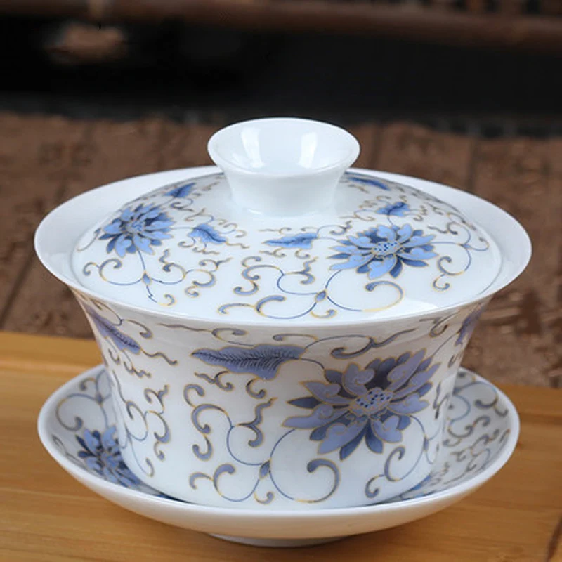 

Chinese Gaiwan Tea Set Kungfu Anti-scald Ceramic Tea Cover Bowl with Lid and Saucer Sancai Flower Landscape Tea Cup Teaware