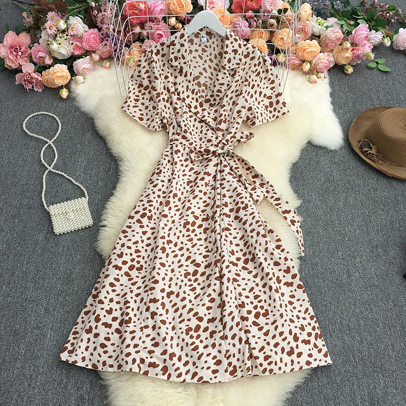 

YIZZHOY Summer New Women Vintage Tailored Collar Print Lace-up Dress Female Elegant Short Sleeve Irregular Ruffles Slim Dress