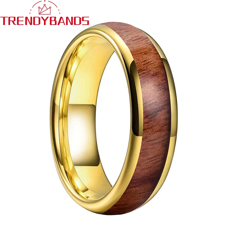 

6mm Gold Koa Wood Inlay Tungsten Carbiode Rings For Men Women Weeding Band Domed Polished Shiny