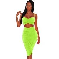 sexy ruched two piece set neon club outfits women festival strap crop top midi skirt set 2020 summer party wear matching sets