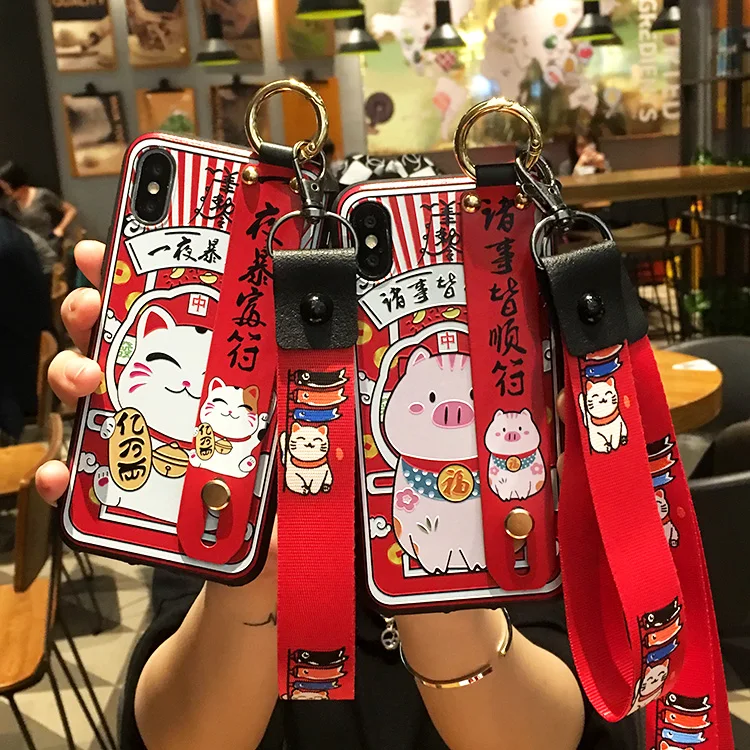 Oneplus 7T pro Fortune Cat Case Cute Lucky Wrist strap back cover For OnePlus 3 3T / 5 5T/6 6T /7 7pro + Straps |