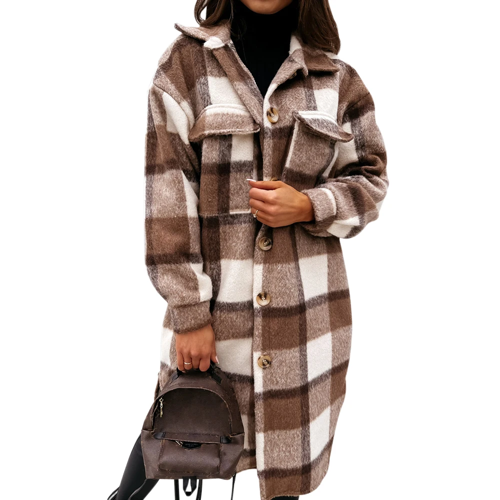 

Winter Women Plaid Long Coat Casual Turn Down Collar Thick Oversize Jacket Fashion Single-Breasted Warm Female Long Shirt Coat