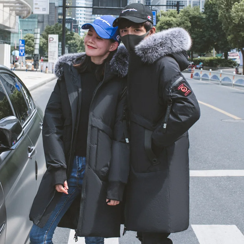 Couple Down Jacket Male Long Winter Loose Thickened White Duck Coat Men and Women's Detachable Fox Fur Collar | Мужская одежда