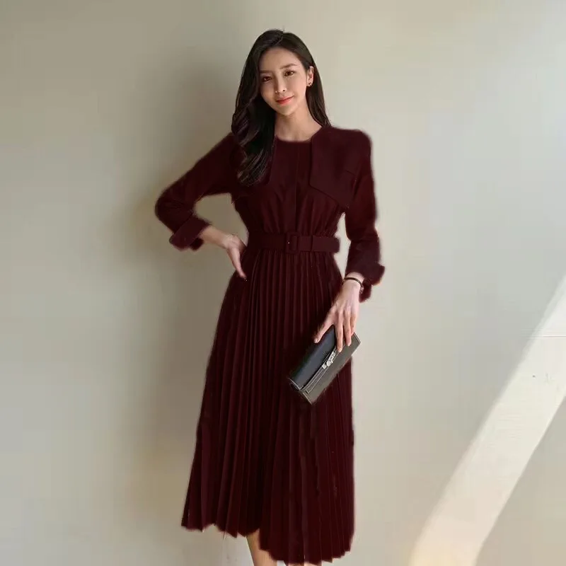 

One piece korea Dress for women autumn Long Sleeve O neck polyester Office wear Sexy Ladies pleated long dresses