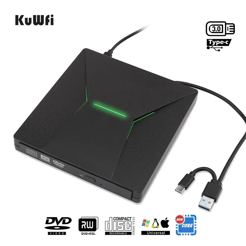 KuWfi USB 3 0 Тип C Портативный с высоким уровнем Скорость DVD +/RW красочными светильник