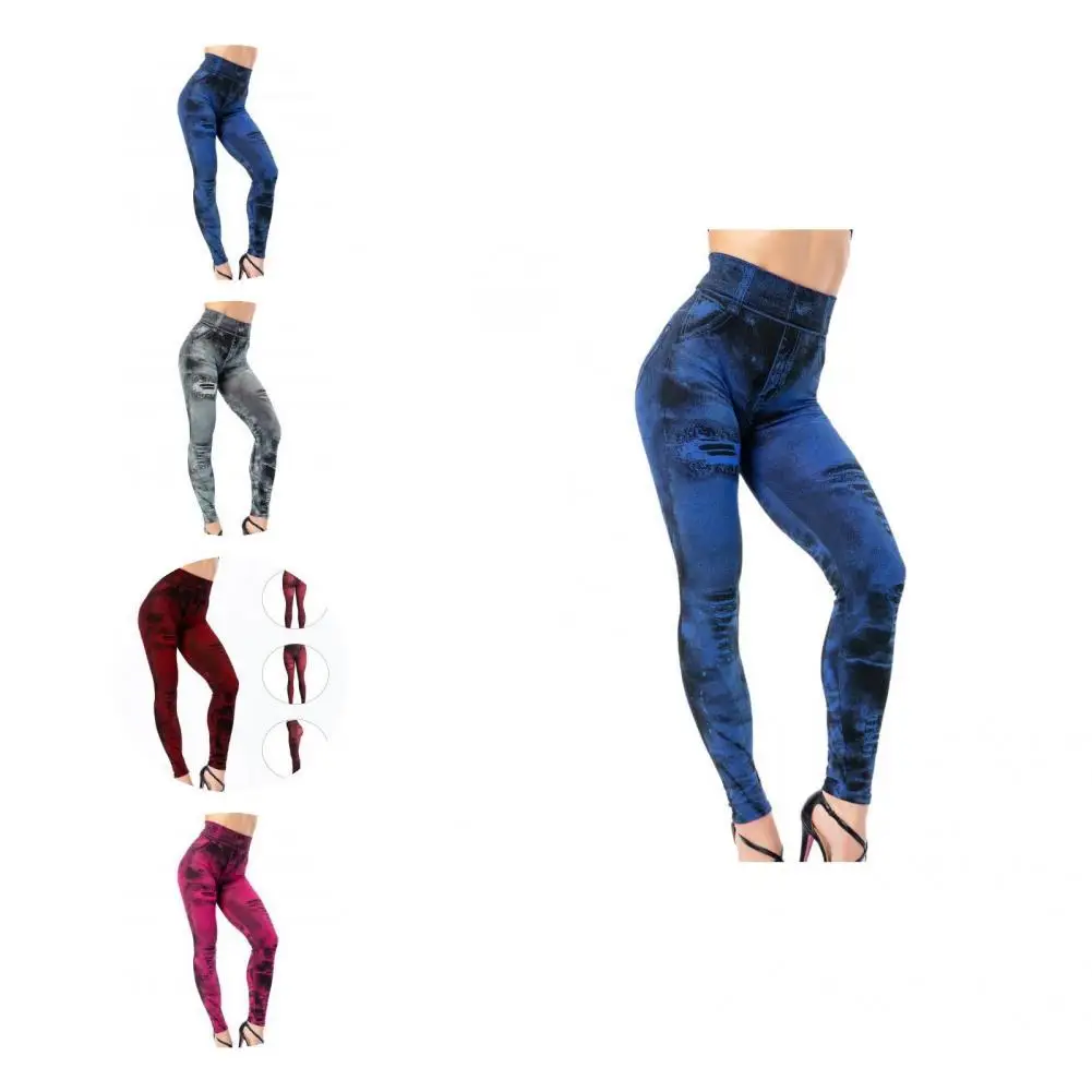

Stylish Yoga Pants Push Up Activewear Women Ripped Holes Print Faux Denim Jeans Pencil Pants Fitness Leggings