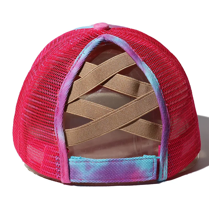 Tie Dye Criss Cross Ponytail Baseball Cap Hat Women Cotton Mesh Snapback Hip Hop Hats Fashion Adjustable Tennis Golf Caps