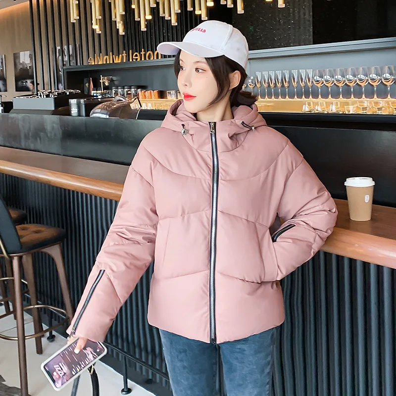 

Autumn Winter Women's Cotton Padded Parka Korean Style Fashion Female Short Hooded Jacket PU Waterproof Thick Warm Zipper Coats
