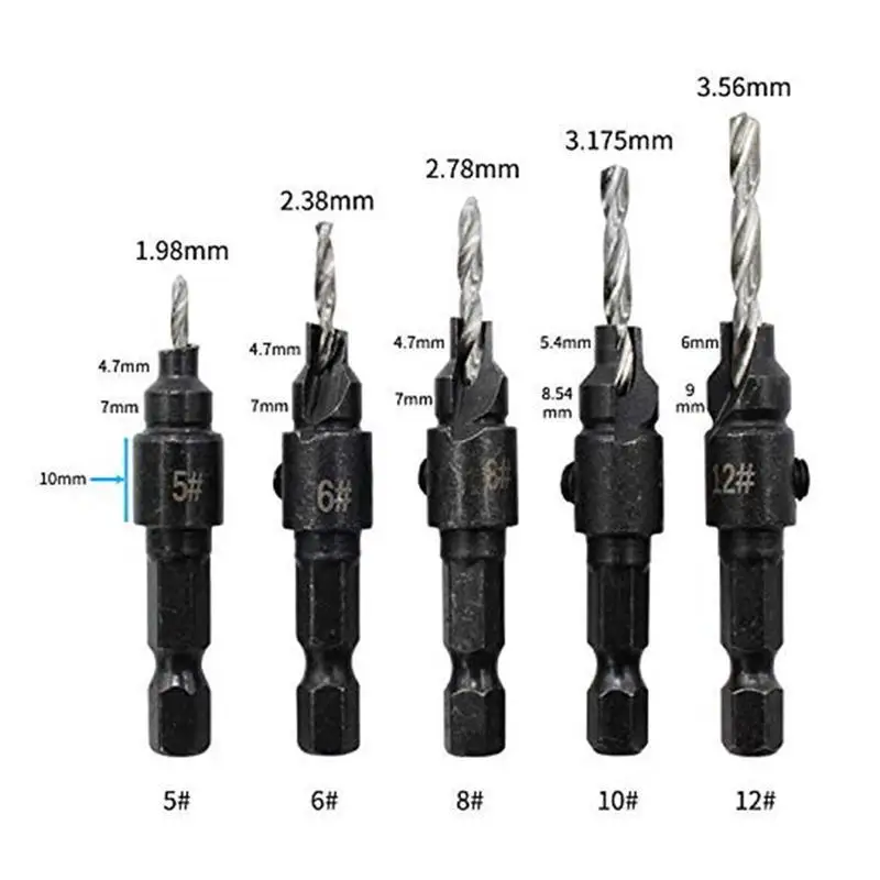 

5pcs/set Countersink Drill Woodworking Drill Bit Set Drilling Pilot Holes For Screw Sizes #5 #6 #8 #10 #12 With A Wrench
