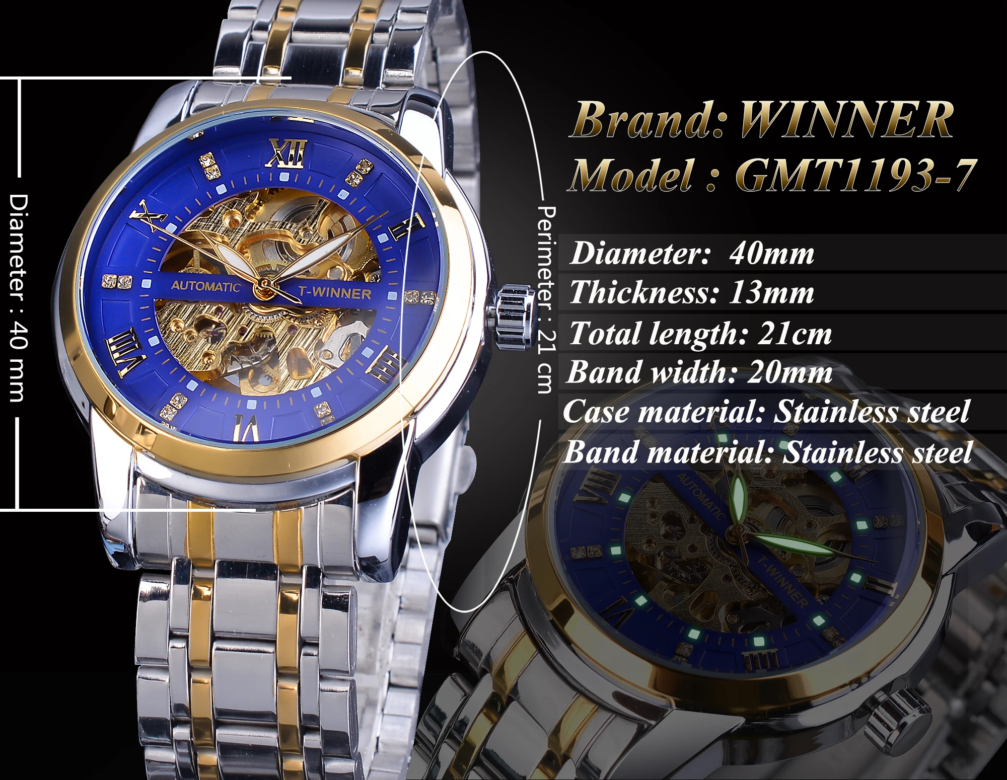 Winner Blue Golden Skeleton Diamond Мужские механические часы серебристые из нержавеющей стали
