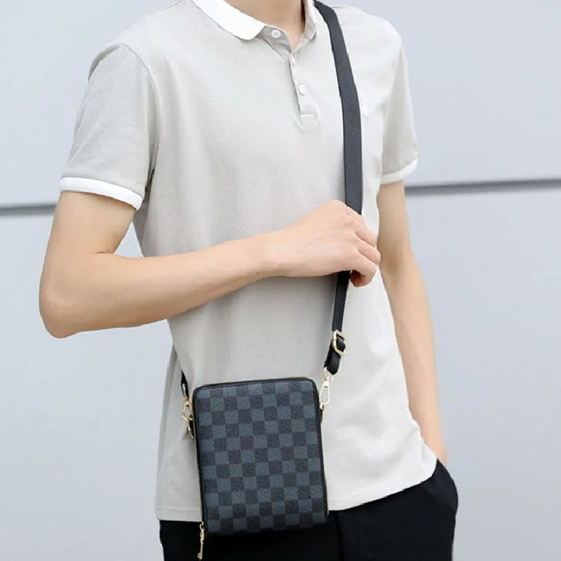 

Luxury Design Plaid Leather Men's Messenger Bag Business Travel Shoulder Crossbody Small Square Bag Double Layer Zipper Satchel