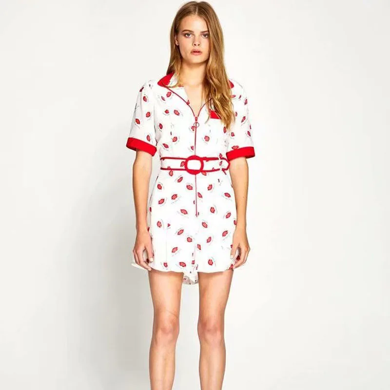 

2021 Summer Runway New Sexy V-Neck Print Red Lips Short Sleeve Pocket Belt Slim Fit Casual Jumpsuit Women'S High Quality