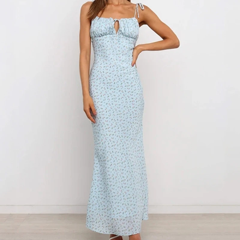 

Sexy Women Summer Flower Print H-Line Dress High Split Design Bandage Decor Sling Sleeveless Backless High Waist Slim Long Dress