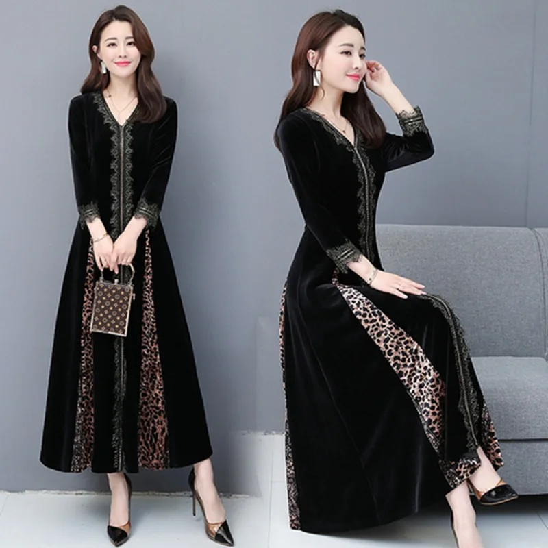 

Gold Velvet Dress 2022 Autumn And Winter New Style V-neck Slim Fit Leopord Pattern Lace Debutante Elegant Long a Generation of F