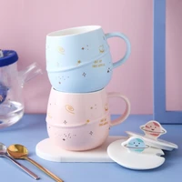 350ml kawaii cartoon 3d planet cup with lid spoon milk coffee ceramic mug heat resistant kungfu teacup for couple office home