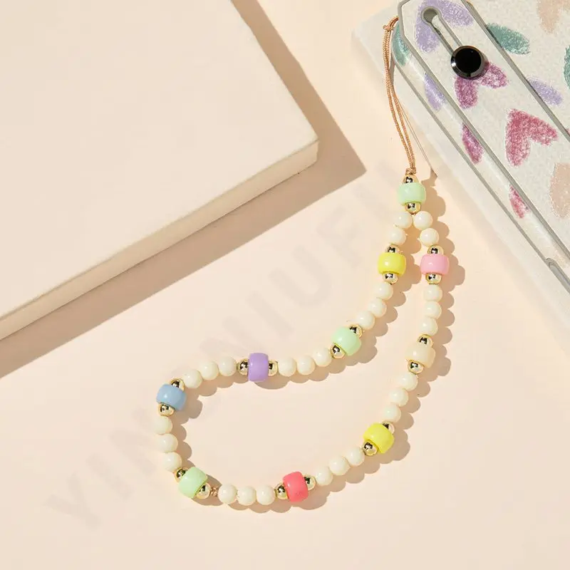 

Acrylic soft ceramic colored beads phone chain designed rainbow stripes flowers beaded Lanyard wholesale jewelry for girls