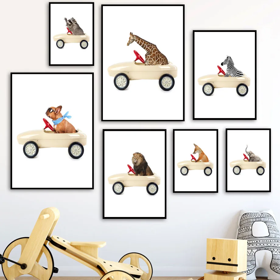 

Zebra Giraffe Lion Koala Animals Drive Car Wall Art Canvas Painting Nordic Posters And Prints Wall Pictures Baby Kids Room Decor