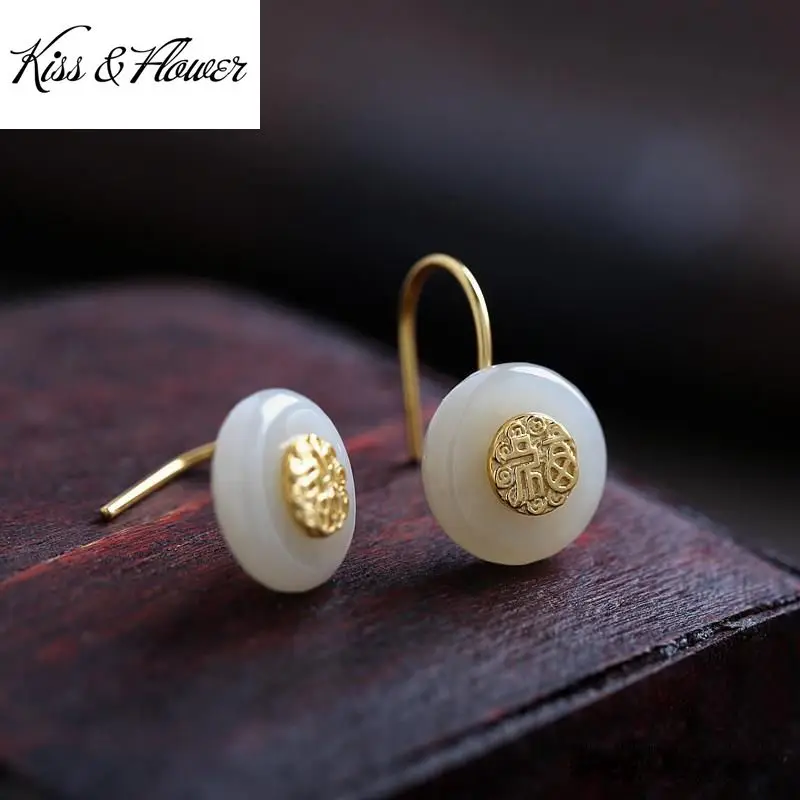 

KISS&FLOWER ER82 Fine Jewelry Wholesale Fashion Woman Girl Bride Birthday Wedding Gift Vintage FU Jade 24KT Gold Drop Earrings