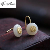 kissflower er82 fine jewelry wholesale fashion woman girl bride birthday wedding gift vintage fu jade 24kt gold drop earrings