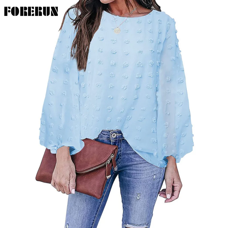 

FORERUN Jacquard Blouse Women Autumn New Solid O Neck Long Sleeve Top Fashion Design Casual Oversized Blouse Femme