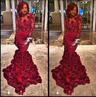 sexy backless mermaid burgundy flowers red prom dresses custom made long sleeve flower cheap dress party evening gowns 2015